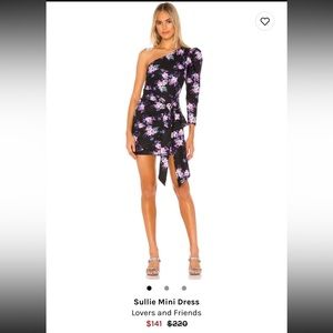 Lovers and Friends Black Purple Floral Sullie Dress One Sleeve Medium NWT